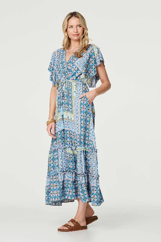 Today’s Deal Printed Frill Sleeve Maxi Dress
