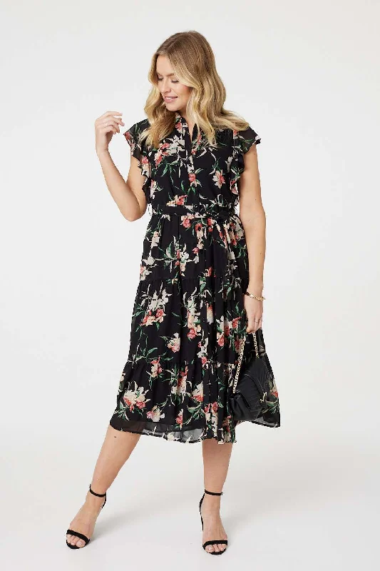 Midnight Madness Floral Angel Sleeve Shirt Dress