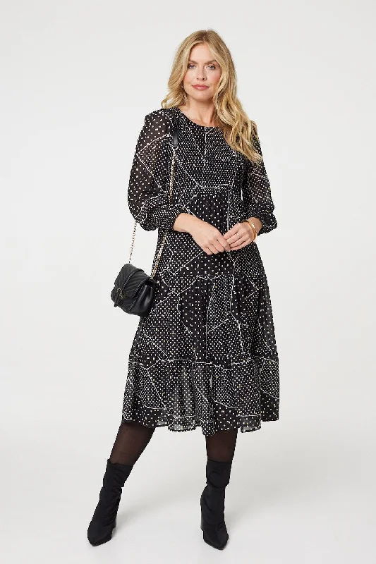 Overstock Polka Dot Print Puff Sleeve Midi Dress