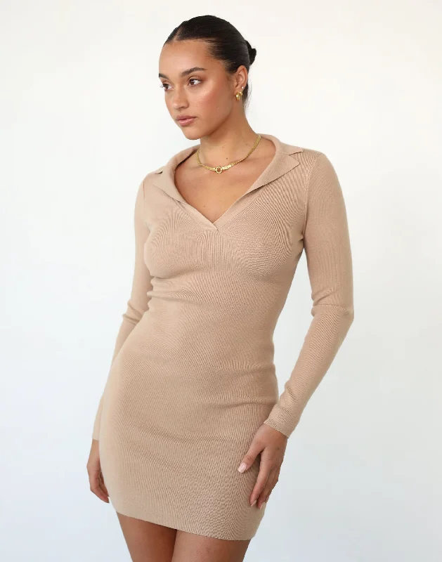 Act Fast Sara Long Sleeve Mini Dress (Beige)