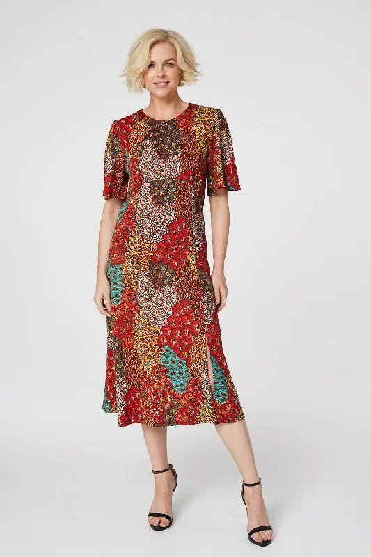 Anniversary Sale Peacock Print Jersey Midi Dress