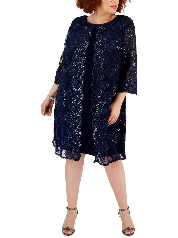 Take Advantage Plus Womens Lace Overlay Knee Length Shift Dress
