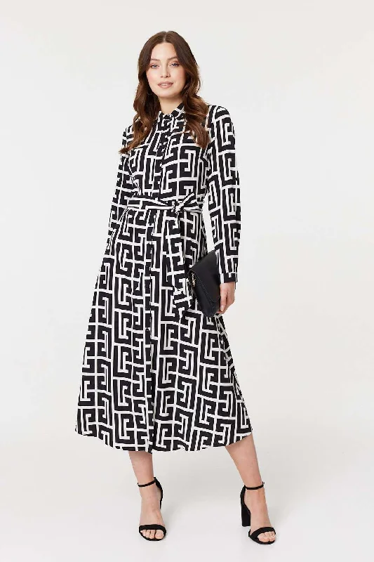 Limited Availability Printed Tie Waist Midi Shirt Dress