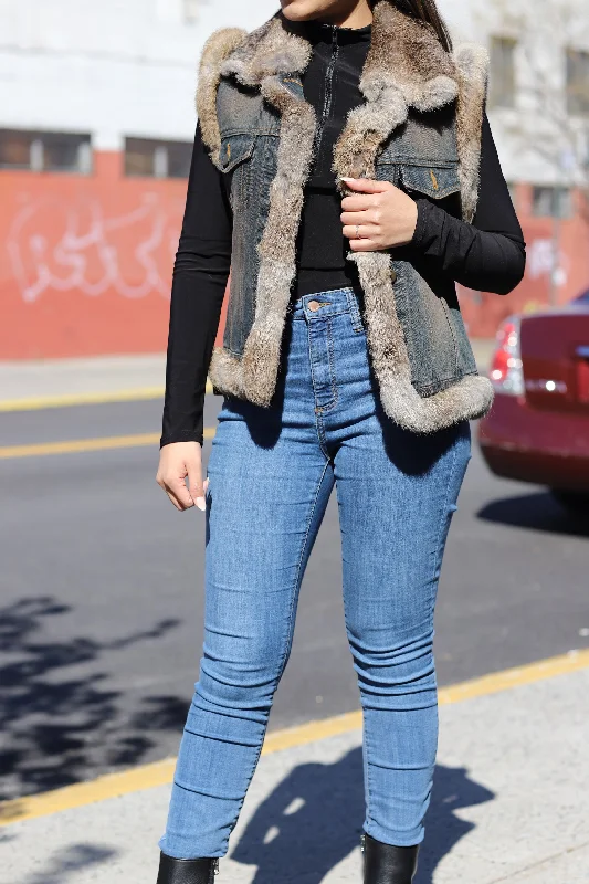 Amazing Deals Denim Vest with Fur Trim - Natural