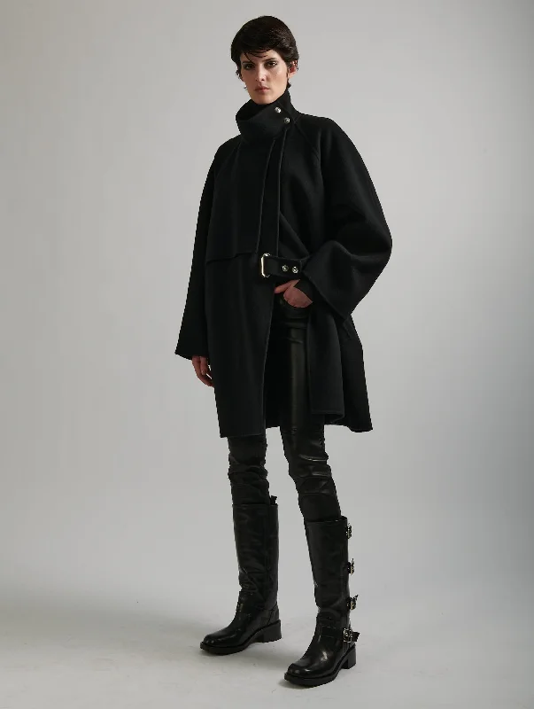 Grand Opening Sale Black double-faced wool high-collar coat
