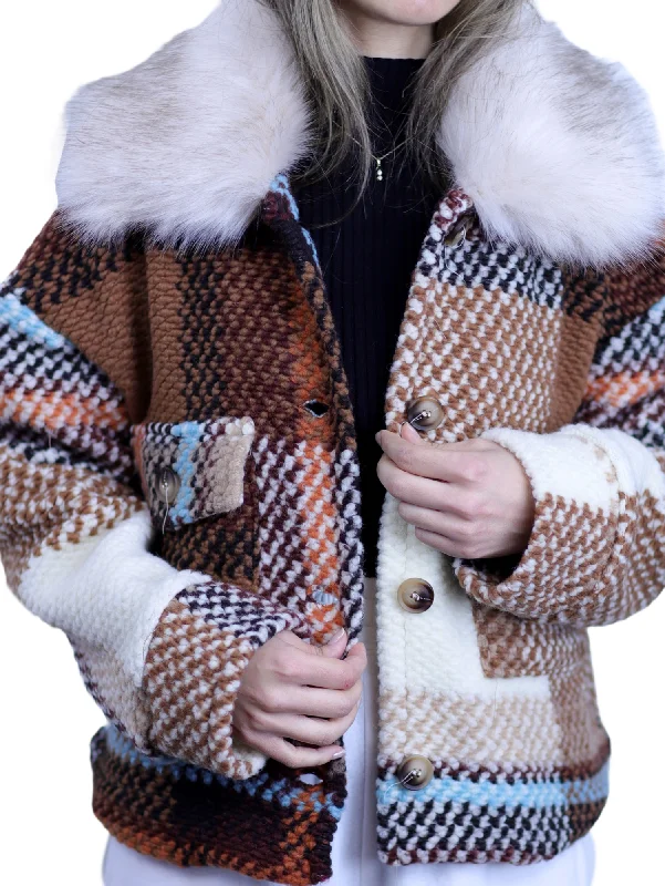 Overstock La Fiorentina Short Plaid Wool Jacket w/ Faux Fur Trim- Brown/Ivory