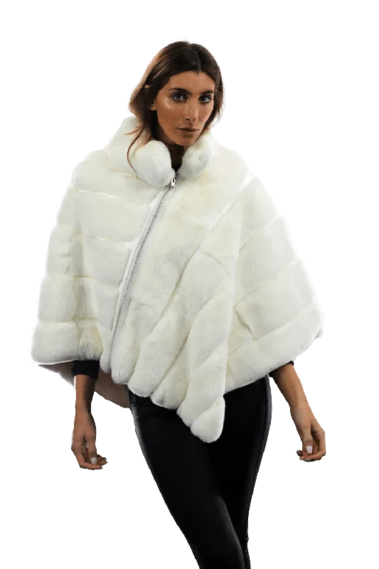 Super Sale La Fiorentina -  Two Tone Rex Rabbit Poncho with Zipper - White