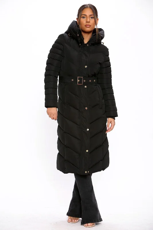 Great Deals Black Long Full Sleeve  Puffer Padded Hooded With Front Button Belted Coat