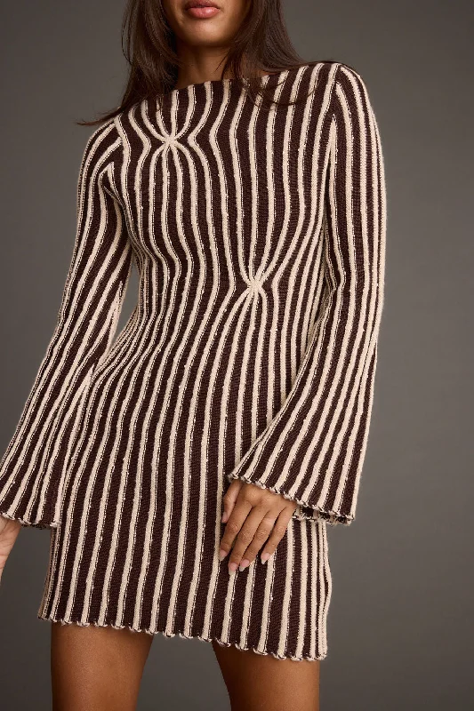 Epic Deals Ember Brown and Cream Knit Striped Mini Dress