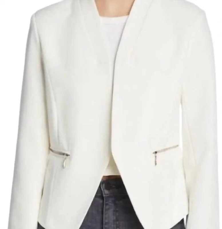 Sale Event Zipper Pockets Collarless Open Front Blazer In White