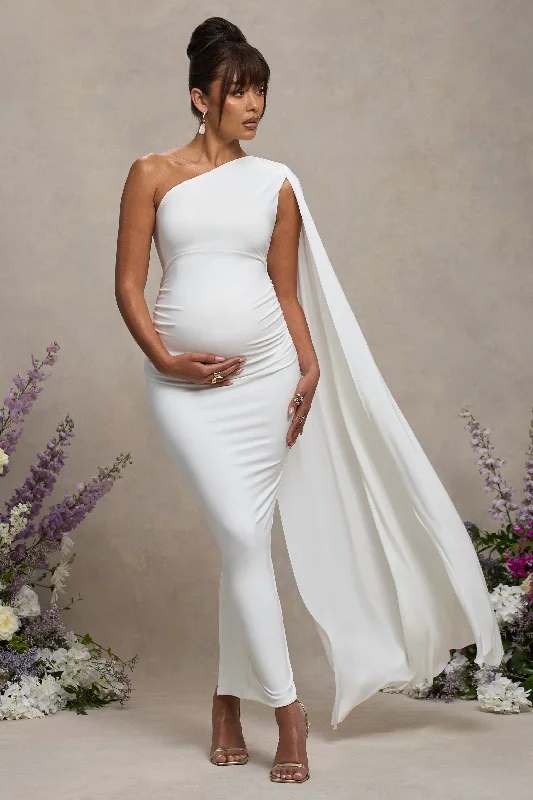 Closeout Amaryllis | White Maternity One Shoulder Maxi Dress with Cape Sleeve