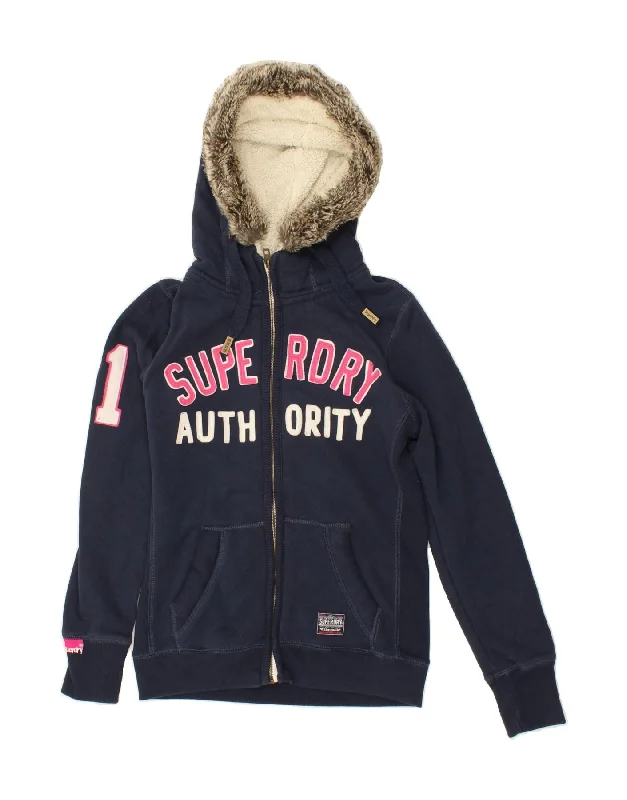 Steals and Deals SUPERDRY Womens Graphic Zip Hoodie Sweater UK 14 Large Navy Blue Cotton